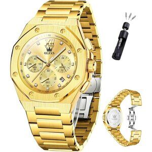 Olevs Men's Gold Stainless Steel Man Watch with Date Luminous Stylish Watch